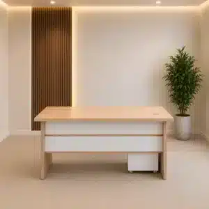 Bureau de direction 140 x 70 cm en bois clair avec caisson mobile de rangement