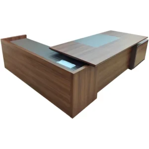 Bureau de direction en L, finition bois foncé, avec retour latéral et caisson de rangement